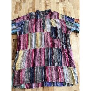 Rising International Men's Short Sleeve Henley Madras Stripes 100% Cotton M